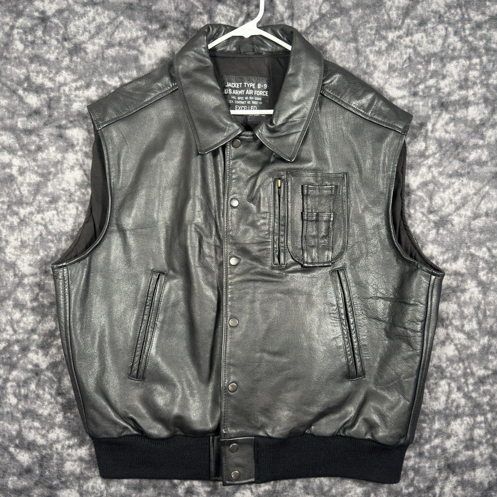 Vintage Excelled Type B-9 Leather Flight Vest Mens XL Black Bomber USA Military